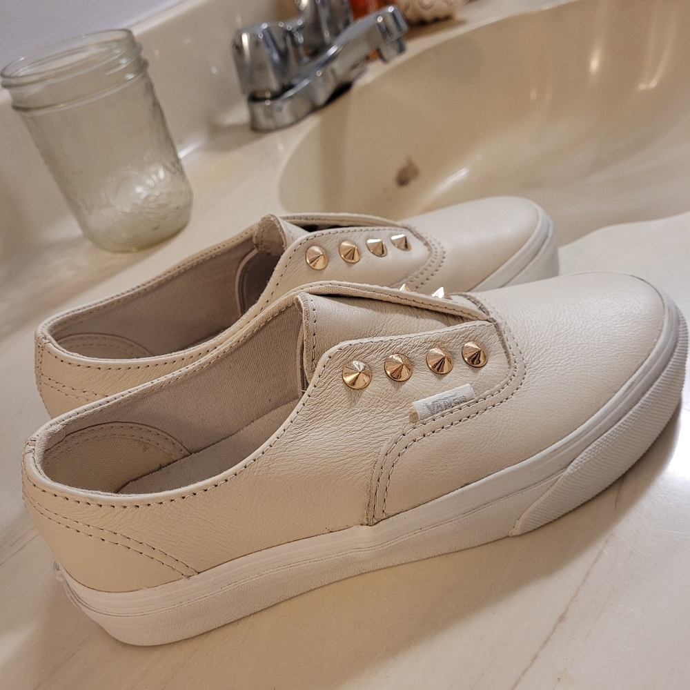 Vans Slip-On Leather Sneakers with Gold Studs - Cream